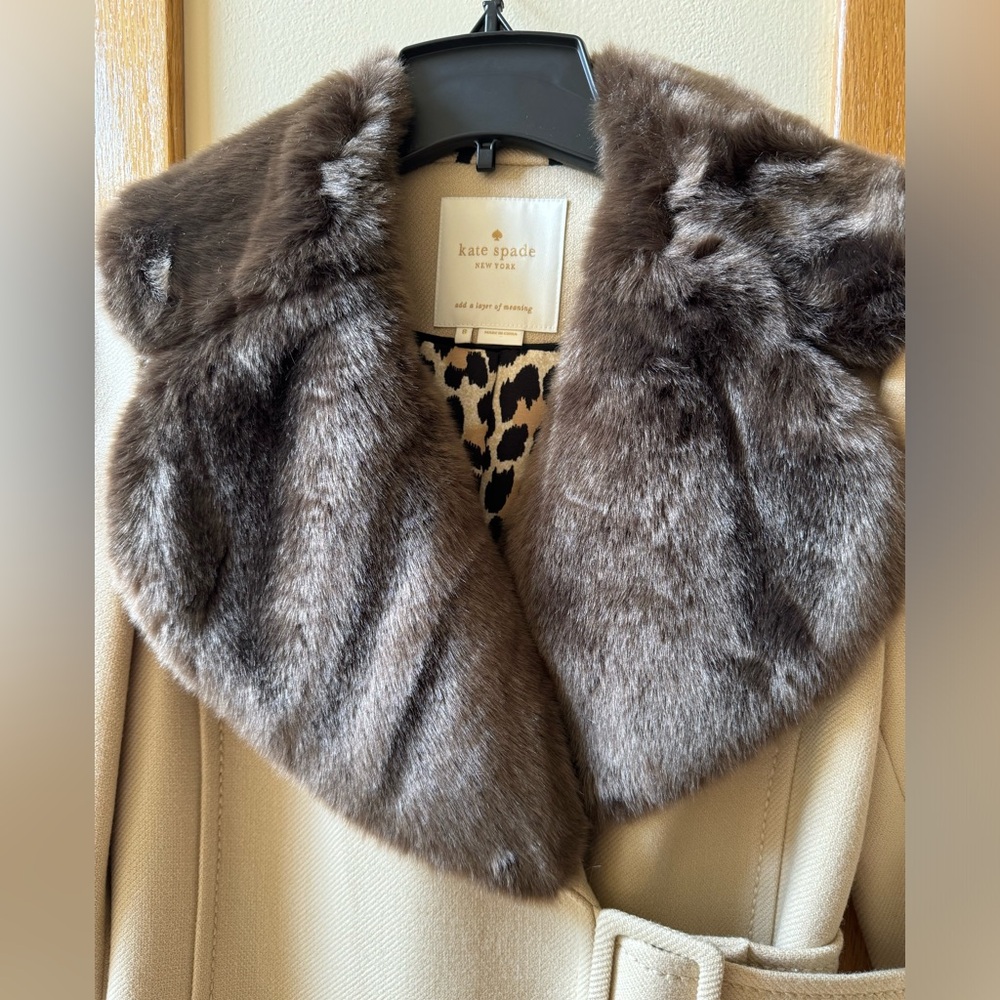 Kate Spade Wool Camel Coat with Large Faux Fur Collar - Picture 3 of 16